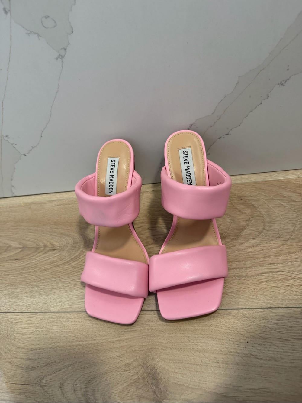 Steve Madden Women's Pink Padded Strap Sandals with Clear Lucite Wedge Heel